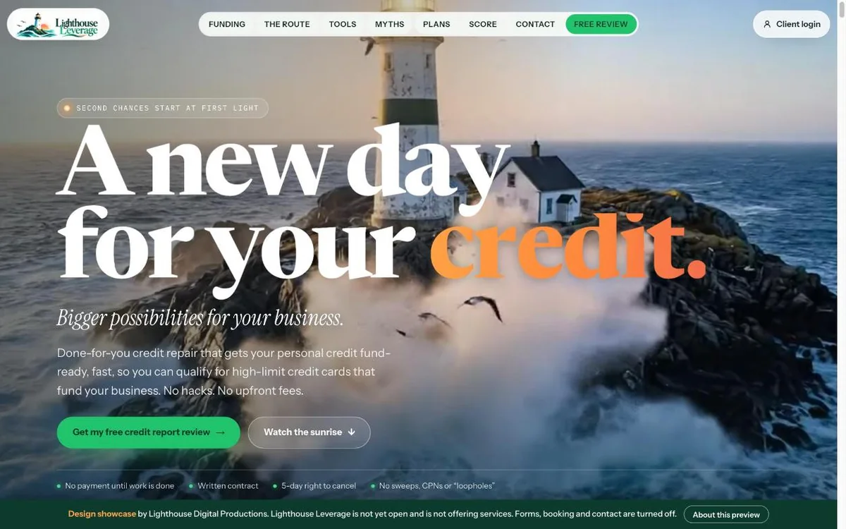 Lighthouse Leverage homepage: A new day for your credit, over a lighthouse at sunrise