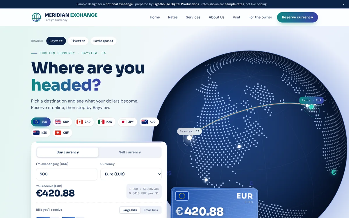 Meridian Exchange homepage, a sample currency-exchange design